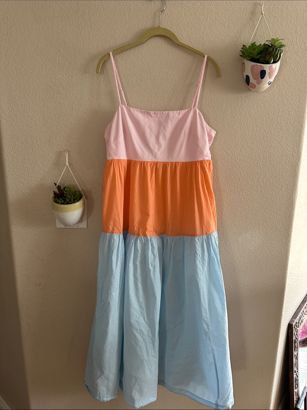 J. Crew Color Block Rainbow Babydoll Tier Tie Back Midi Dress 10 Medium Large